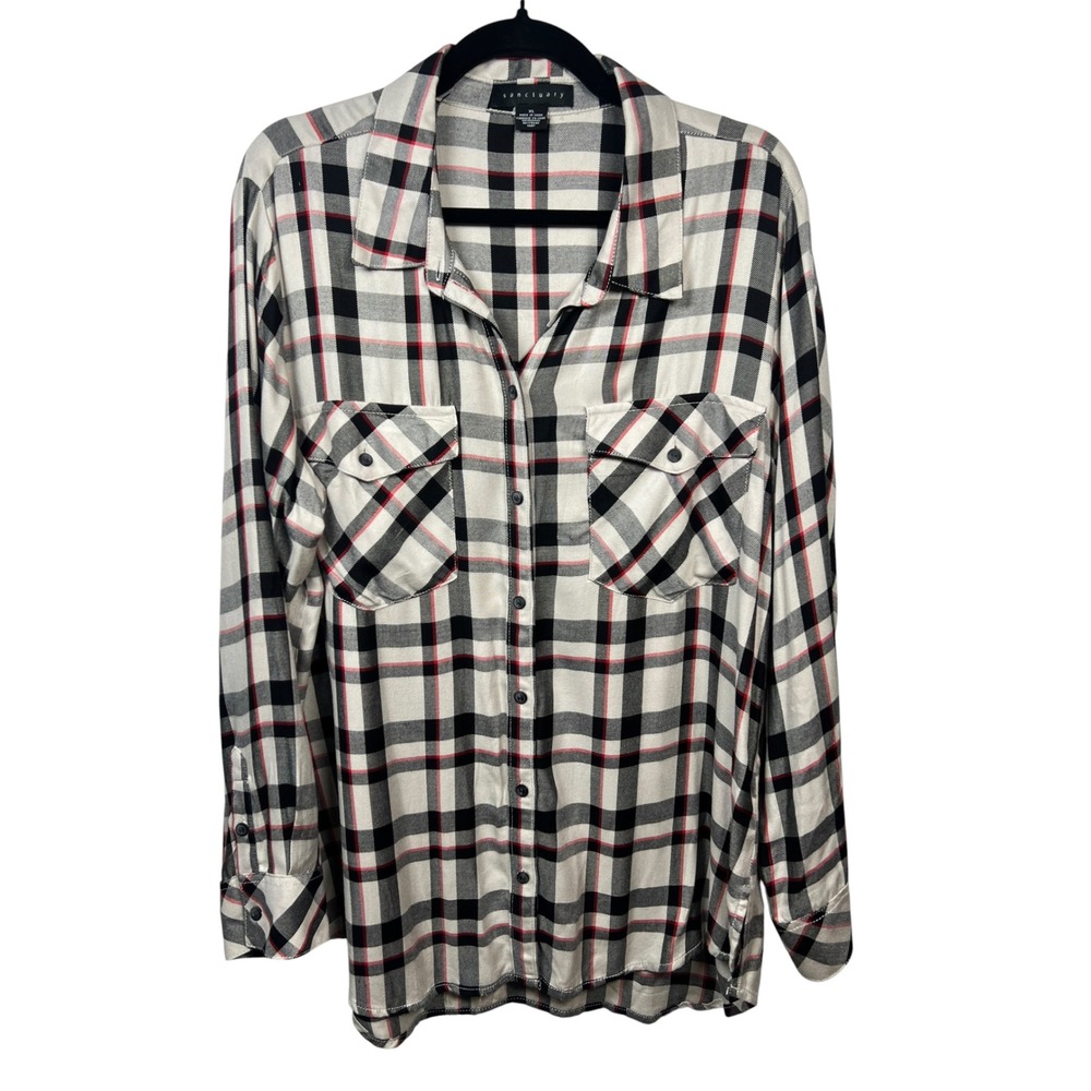 Sanctuary Plaid Boyfriend Shirt Cabin White Black Red Preppy Button Up Top XL